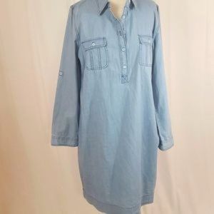 Chambray Long sleeve 3/4 button down Mini dress 100% Cotton NWOT 14